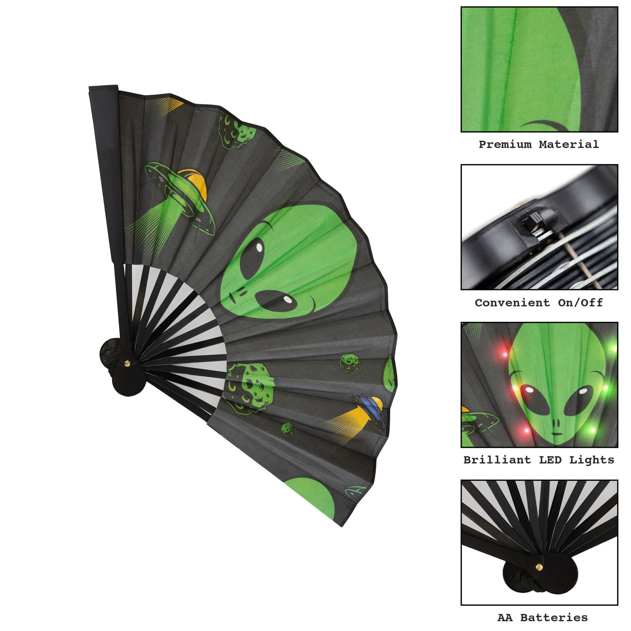 LED Hand Fan - "Alien Invasion" - Foldable & Portable with Alien Design