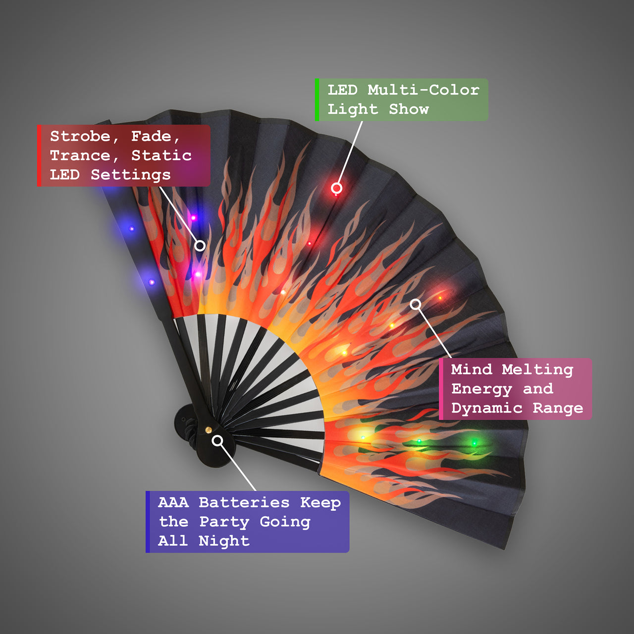 LED Hand Fan - "Flames" Bold Flamin Hot Design, Ready to Heat up the Night