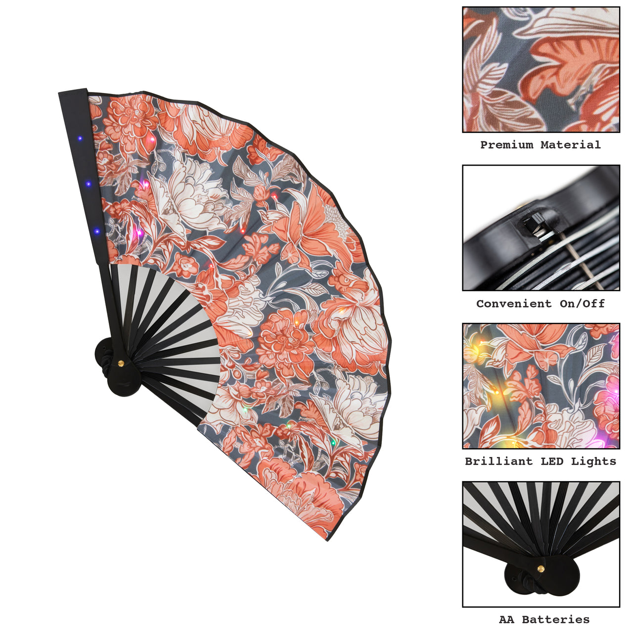 LED Hand Fan - "Floral" - Traditional Floral Design, Ready for EDM Heat