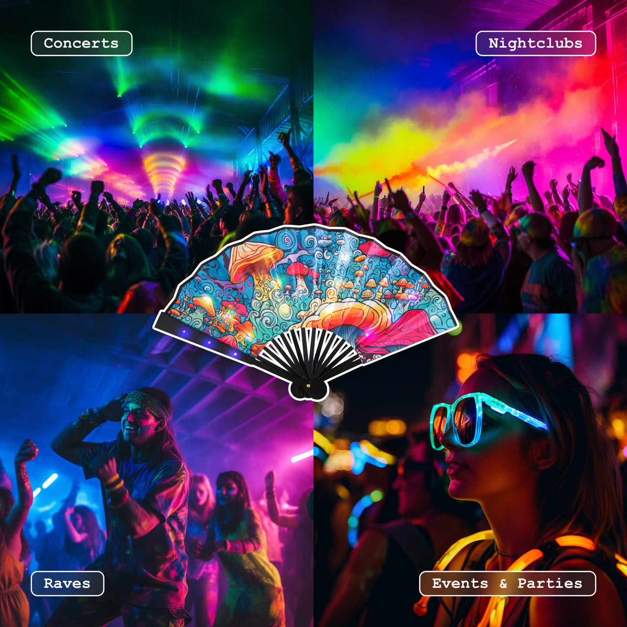 LED Hand Fan - "Trippy Hippy" Our Psychedelic Design will Enhance Your Festival Experience