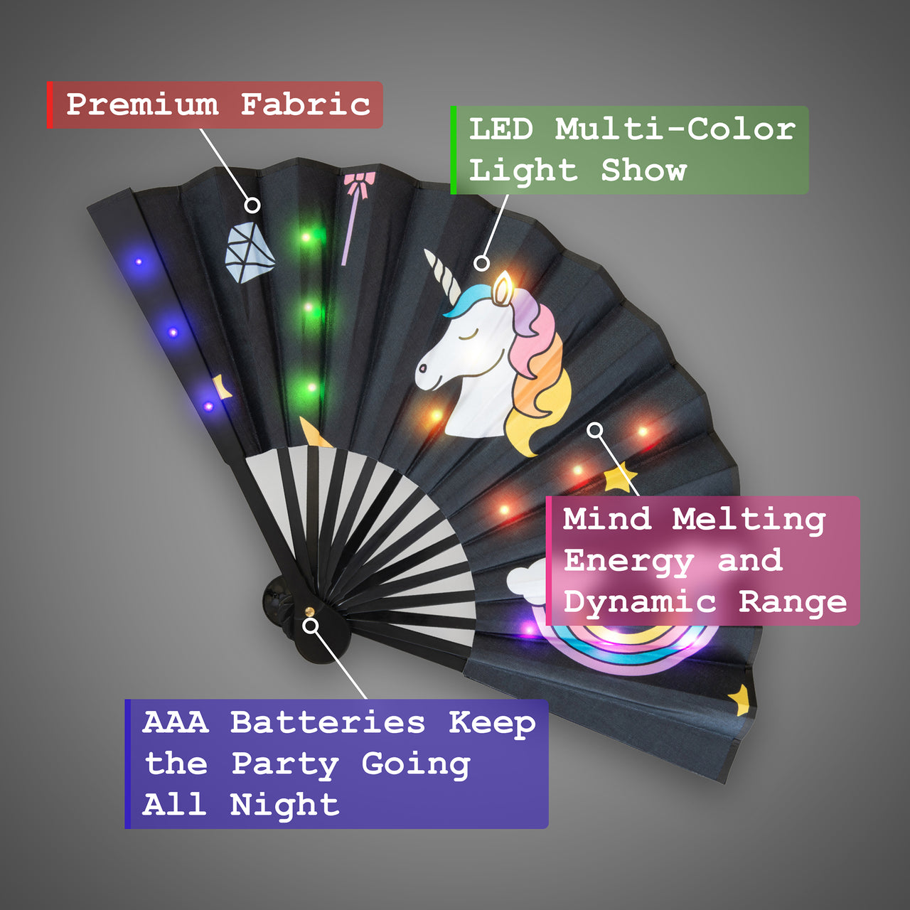 LED Hand Fan - "Magical Unicorn" - Foldable Hand Fan to Stay Cool While Dancing the Night Away