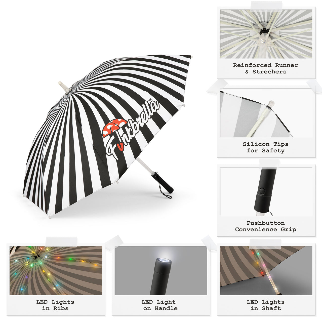Hypnotic Trance Umbrella with Multi-Color LED Light Show, Strobe, Fade, Static LED Settings, AAA Batteries, 47" Canopy