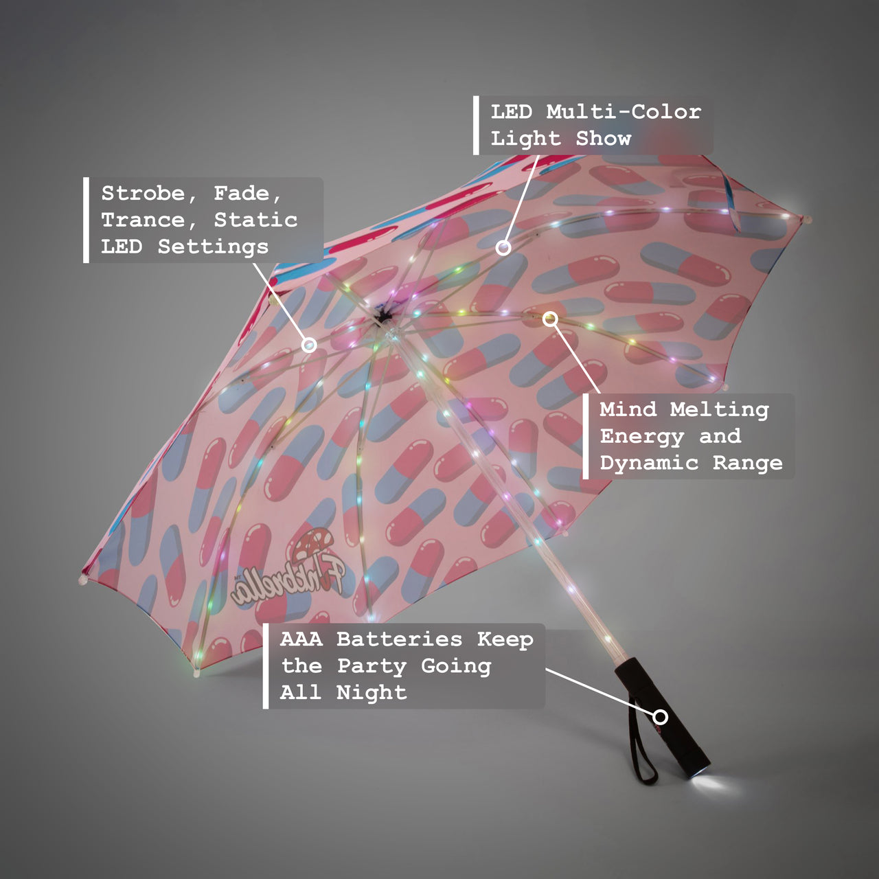 Pretty Pills LED Umbrella with Multi-Color LED Light Show, Strobe, Fade, Static LED Settings, AAA Batteries,  47” Canopy