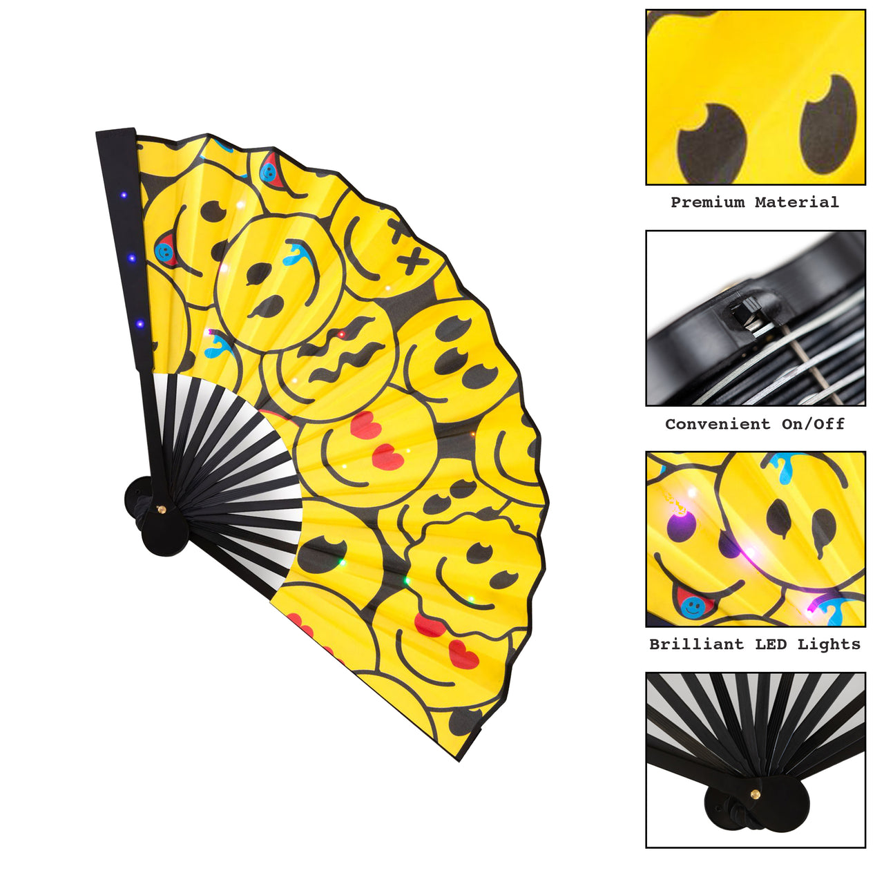 LED Hand Fan - "Be Happy" -  Don't Worry, Be Happy... With Our Smiley Emoji LED Hand Fan - Foldable for Easy Portability