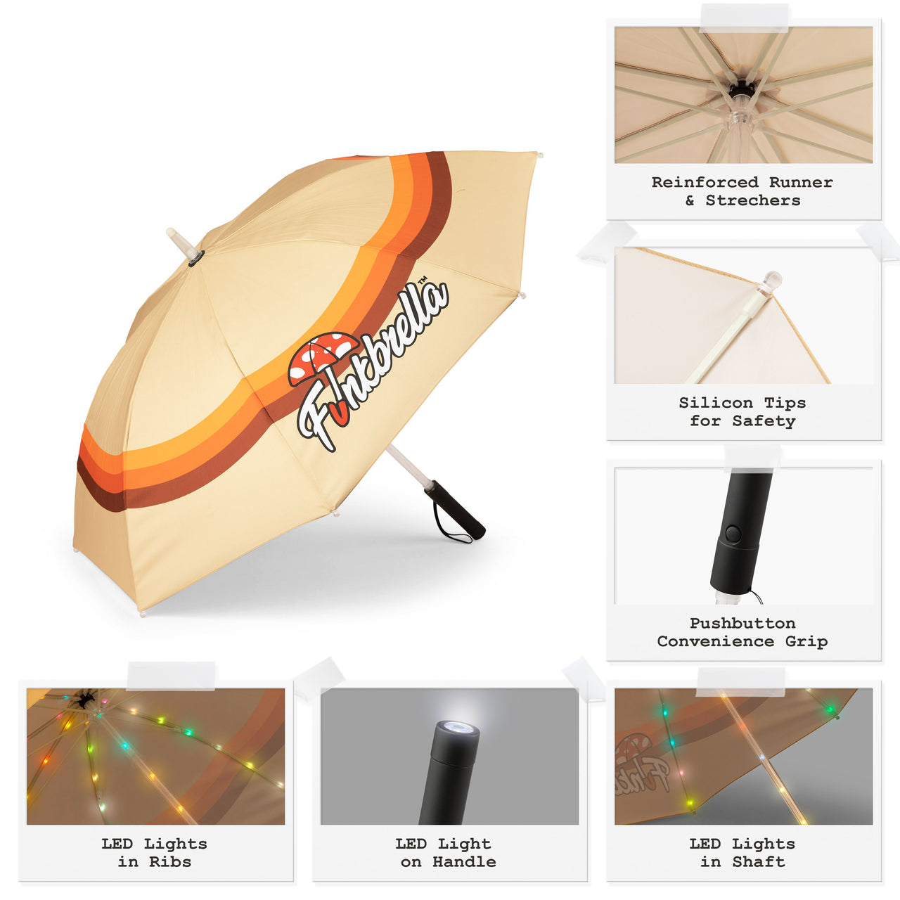 70's Retro LED Umbrella with Multi-Color LED Light Show, Strobe, Fade, Static LED Settings, AAA Batteries, 47” Canopy