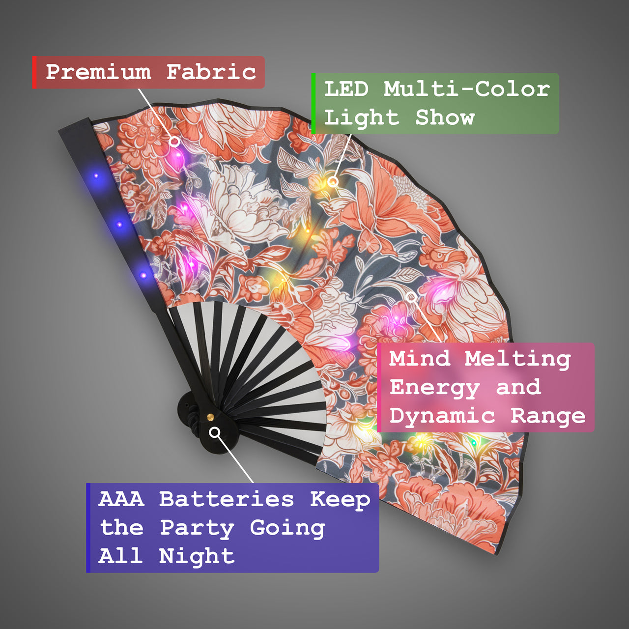 LED Hand Fan - "Floral" - Traditional Floral Design, Ready for EDM Heat