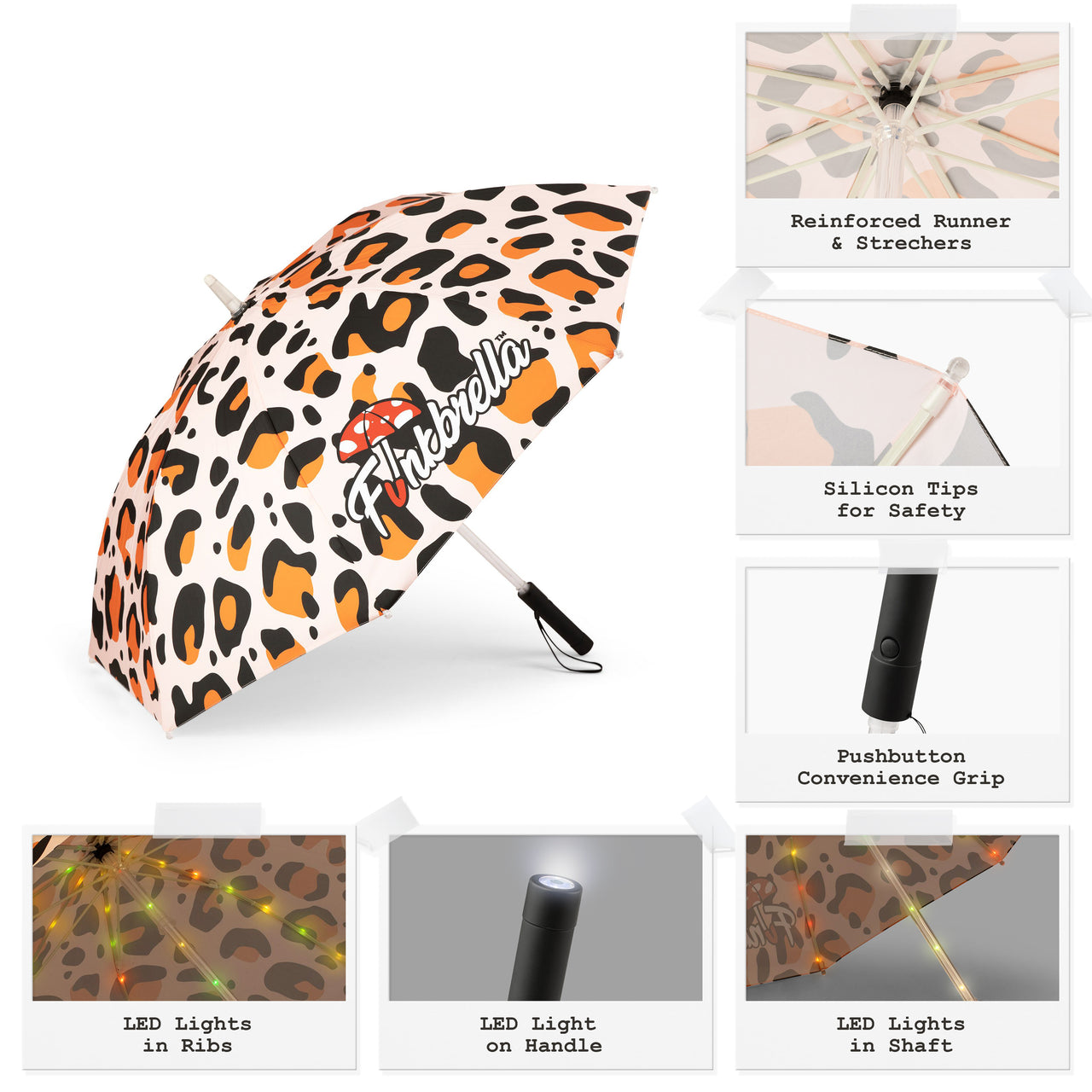 Jungle Juice LED Umbrella with Multi-Color LED Light Show, Strobe, Fade, Static LED Settings, AAA Batteries, 47” Canopy