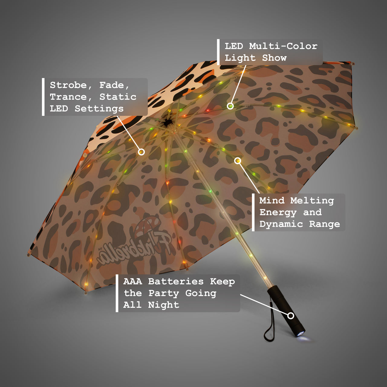 Jungle Juice LED Umbrella with Multi-Color LED Light Show, Strobe, Fade, Static LED Settings, AAA Batteries, 47” Canopy
