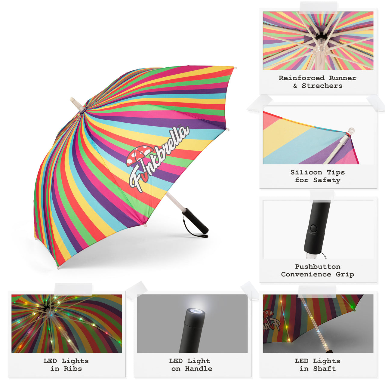 Rainbow Candy Umbrella with Multi-Color LED Light Show, Strobe, Fade, Static LED Settings, AAA Batteries, 47” Canopy